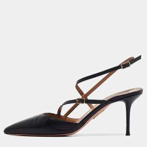 Aquazzura Black Leather Pointed Toe Ankle Strap Pumps Size 39  