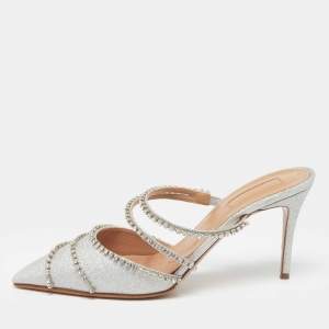 Aquazzura Silver Glitter Crystal Embellished Mules Size 38