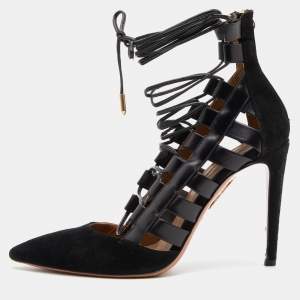 Aquazzura Black Suede and Leather Amazon Ankle Wrap Pumps Size 38