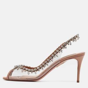 Pre Owned Aquazzura Beige Leather and PVC Temptation Slingback Sandals Size 40.5