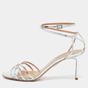 Pre Owned Aquazzura Silver Foil Leather Ankle Strap Sandals Size 39