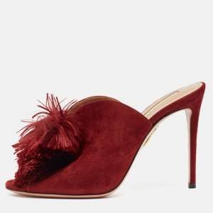 Aquazzura Burgundy Suede Lotus Blossom Mules Size 38