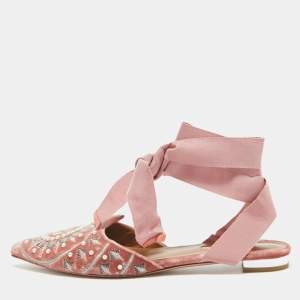 Aquazzura Pink Embellished Velvet Ankle Tie Flats Size 36