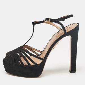 Aquazzura Black Suede T-Strap Platform Sandals Size 41