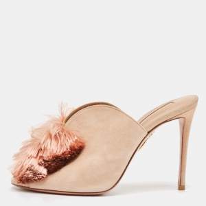 Aquazzura Light Pink Suede Lotus Blossom Peep Toe Mules Size 38