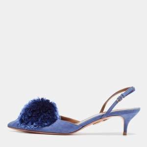 Aquazzura Blue Fur and Suede Powder Puff Slingback Pumps Size 39