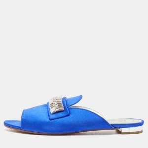 Aquazzura Blue Satin Crystal Embellished Flat Slides Size 38