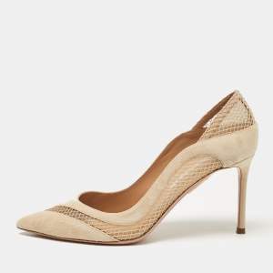 Aquazzura Beige Suede and Mesh Pointed Toe Pumps Size 38.5