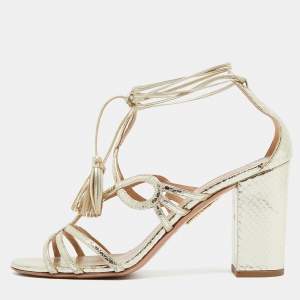 Aquazzura Gold Snakeskin Embossed Leather Gitana Ankle Strap Sandals Size 41