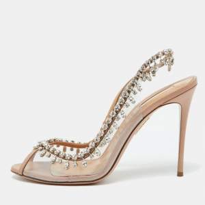 Aquazzura Beige Leather and PVC Crystal Temptation Slingback Sandals Size 41