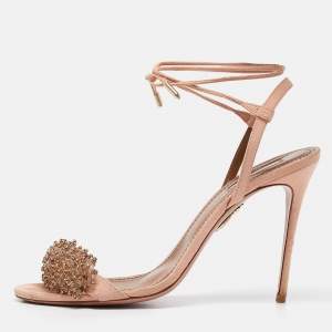 Pre Owned Aquazzura Pink Suede Embellished Monaco Ankle Tie Sandals Size 40.5