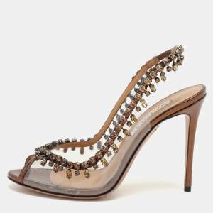 Aquazzura Brown Foil Leather and PVC Temptation Slingback Sandals Size 37.5