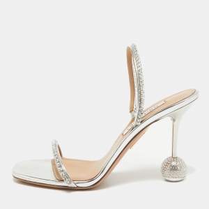 Aquazzura Silver Leather Crystal Embellished Yes Darling Slingback Sandals Size 38