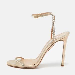 Pre Owned Aquazzura Gold Leather Tequila Ankle Strap Sandals Size 39