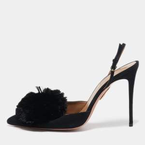 Aquazzura Black Suede Powder Puff Pointed Toe Slingback Sandals Size 40.5
