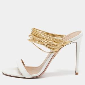 Pre Owned Aquazzura White/Gold Leather Rendez Vous Slide Sandals Size 40