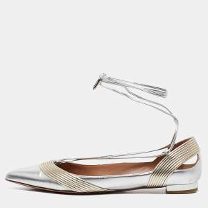 Aquazzura Silver/Gold Leather Ankle Wrap Ballet Flats Size 36