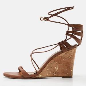 Aquazzura Brown Leather Gin Wedge Sandals Size 37
