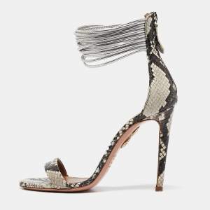 Pre Owned Aquazzura Grey/Brown Python Embossed Leather Spin Me Around  Sandals Size 36