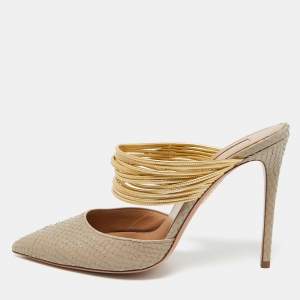 Aquazzura Beige/Gold Snakeskin Embossed Leather Rendez Vous Mules Size 38.5