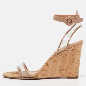 Pre Owned Aquazzura Beige Leather and PVC Minimalist Wedge Sandals Size 36.5