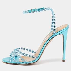 Aquazzura Transparent/Metallic Aqua PVC and Leather Dance Plexi Sandals Size 38.5