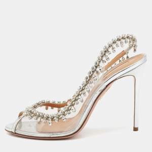 Pre Owned Aquazzura Silver PVC And Leather Temptation Crystal Sandals Size 39.5