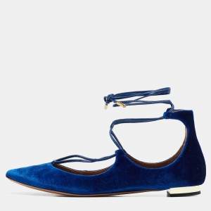 Aquazzura Blue Velvet Christy Ankle Tie Ballet Flats Size 38.5
