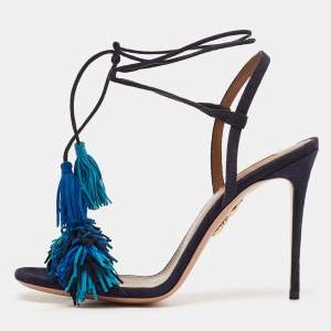 Aquazzura Blue Suede Wild Thing Fringe Ankle Strap Sandals Size 39.5