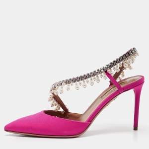 Aquazzura Pink Fabric Crystal Embellished Slingback Pumps Size 36