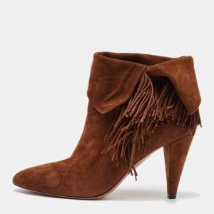 Aquazzura Brown Suede Fringe Detail Ankle Length Boots Size 38.5