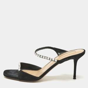 Aquazzura Black Suede Crystal Embellished Slide Sandals Size 37.5
