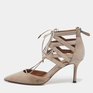 Aquazzura Beige Suede Belgravia Lace Up Pointed Toe Pumps 37.5