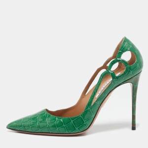 Pre Owned Aquazzura Green Croc Embossed Patent Leather Fenix  Pumps Size 38