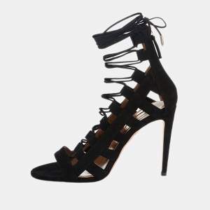 Aquazzura Black Suede Amazon Lace Up Open Toe Sandals Size 38.5