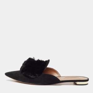 Aquazzura Black Suede Powder Puff Flat Sandals Size 39.5