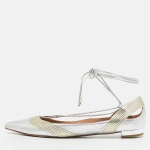 Aquazzura Silver/Gold Leather Ankle Wrap Ballet Flats Size 38.5