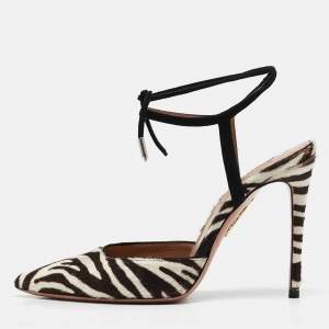Aquazzura Cream/Brown Calf Hair Pointed Toe Ankle Tie Pumps Size 36