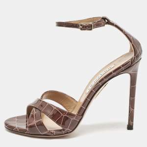 Pre Owned Aquazzura Brown Croc Embossed Patent Leather Ankle Strap Sandals Size 36
