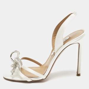 Pre Owned Aquazzura White Satin Bow Embellished Babe Slingback Sandals Size 36