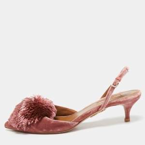 Aquazzura Pink Velvet Powder Puff Slingback Pumps Size 36.5