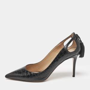 Aquazzura Black Croc Embossed Leather Forever Marilyn Pumps Size 37.5