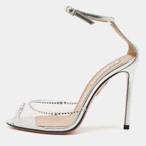 Pre Owned Aquazzura Transparent/Silver PVC and Leather Ray Of Light Sandals Size 37