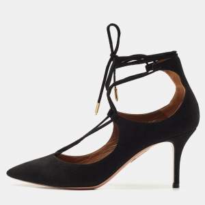 Aquazzura Black Suede Christy Pointed Toe Ankle Wrap Pumps Size 37
