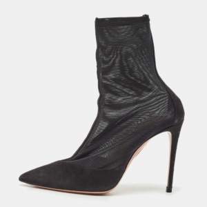 Aquazzura Black Mesh and Suede Pointed Toe Hot Stuff Ankle Booties Size 37