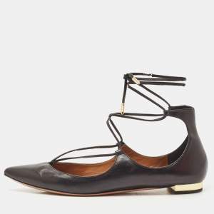 Aquazzura Black Leather Christy Lace Up Pointed Toe Ballet Flats Size 39