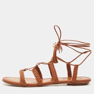 Aquazzura Tan Leather Braided Stromboli Flat Sandals Size 36.5