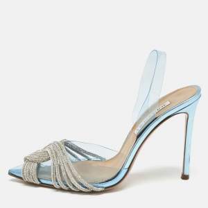 Pre Owned Aquazzura Blue PVC Crystal Embellished Gatsby Slingback Pumps Size 37