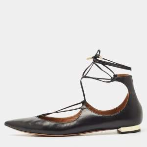 Aquazzura Black Leather Christy Ankle-Wrap Ballet Flats Size 40.5