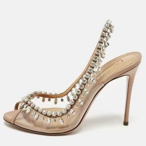 Pre Owned Aquazzura Beige Leather and PVC Temptation Slingback Sandals Size 37